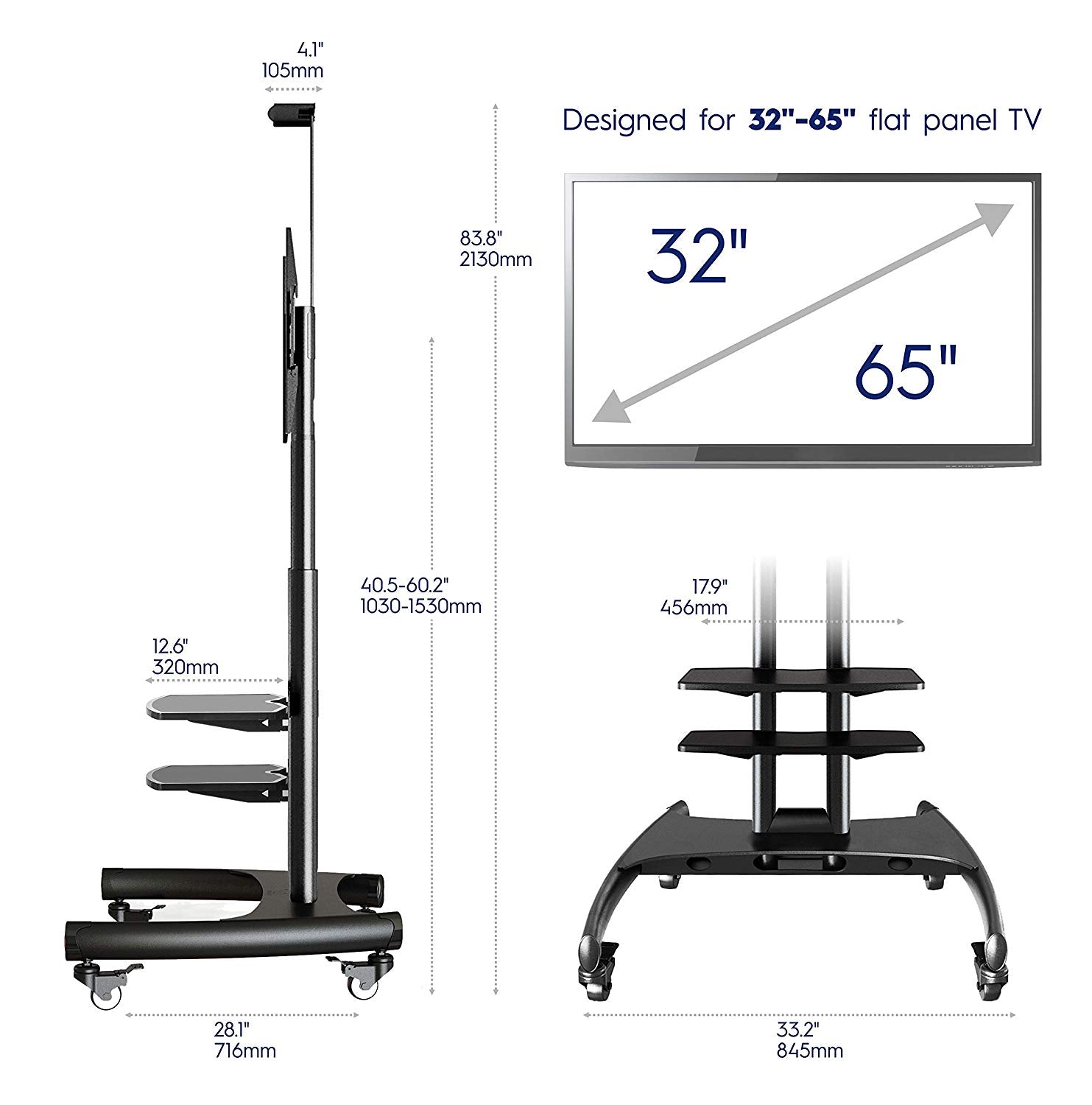 ONKRON Mobile Universal TV Cart TV Stand  for  32”-65” Screens up to 100 lbs, TS1562 Black