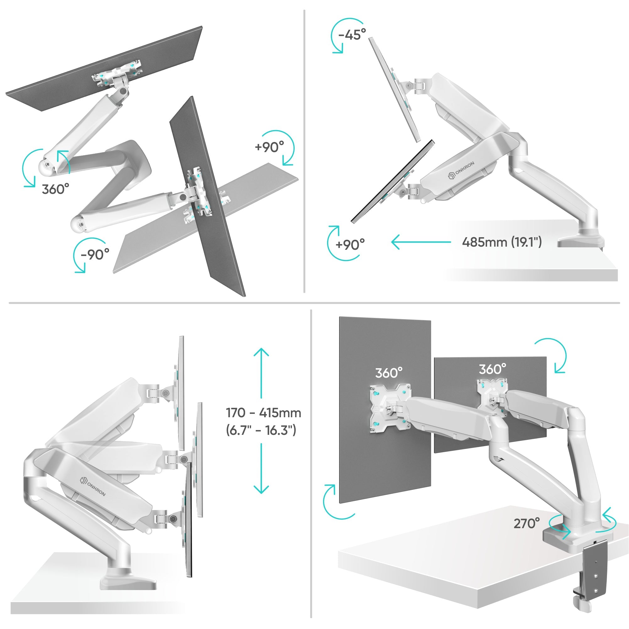Dual Monitor Desk Mount for 13"-32" Screens up to 17.6 lb. Each ONKRON G160, White