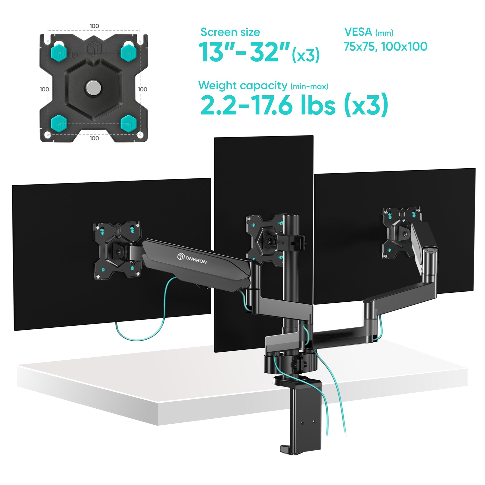 Triple Monitor Desk Mount for 13”-32" Screens up to 17.6 lb. ONKRON G280, Black