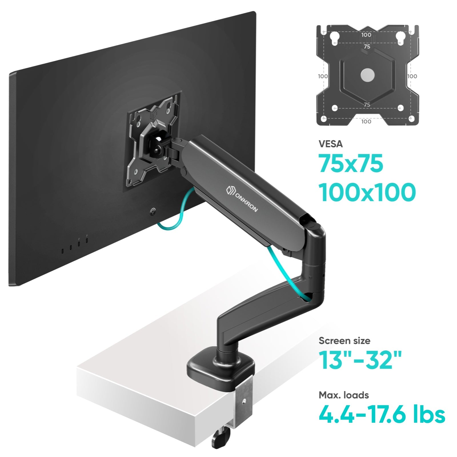Monitor Arm Desktop Mount for 13”-32" Screens up to 17.6 lb. ONKRON G50, Black