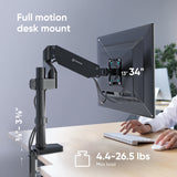 Single Monitor Desk Mount for 13'' to 34 Inch LCD LED Screens up to 26.5 lbs. ONKRON G75, Black.