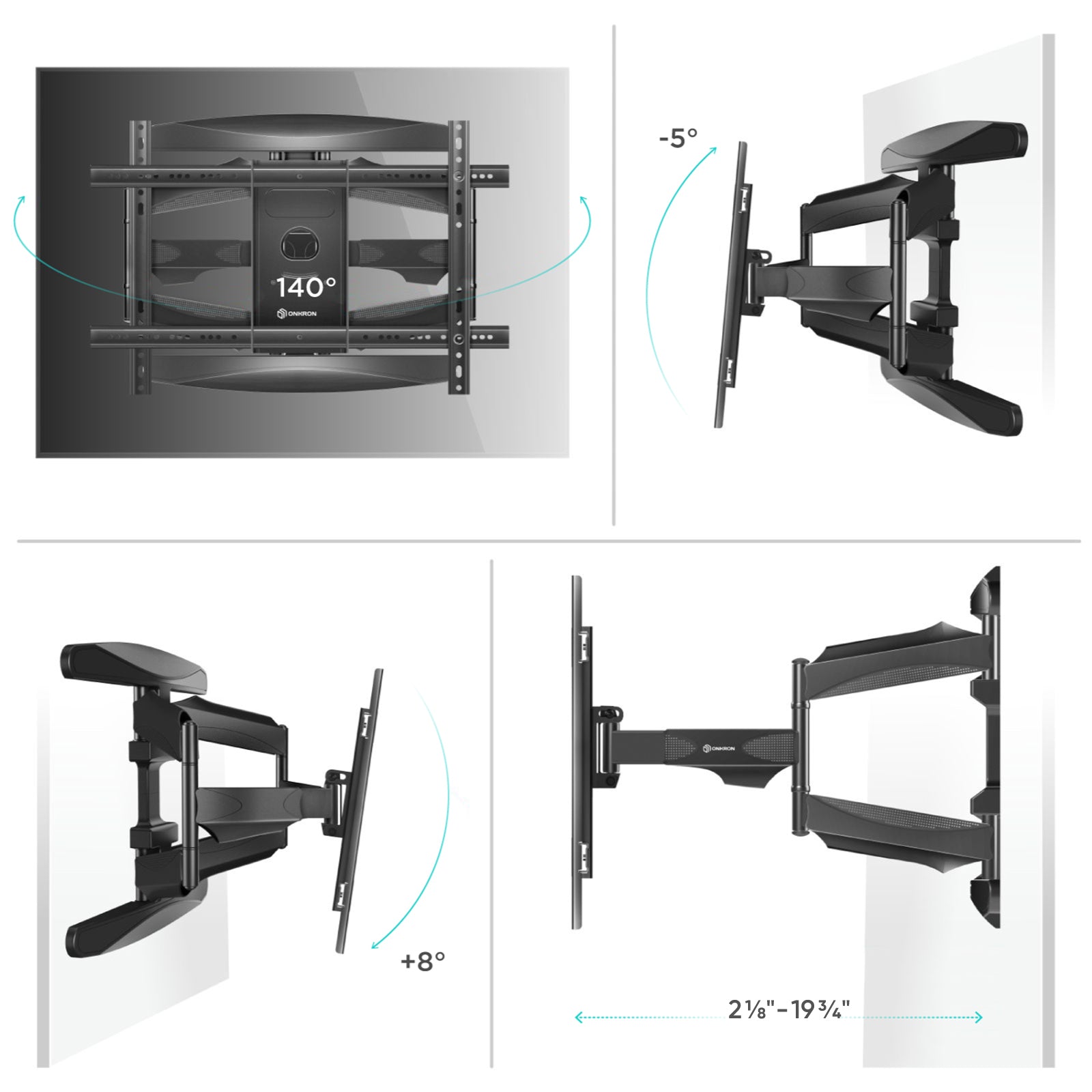 Full Motion TV Wall Mount for 42" to 70-inch Screens up to 100 lbs ONKRON M6L, Black