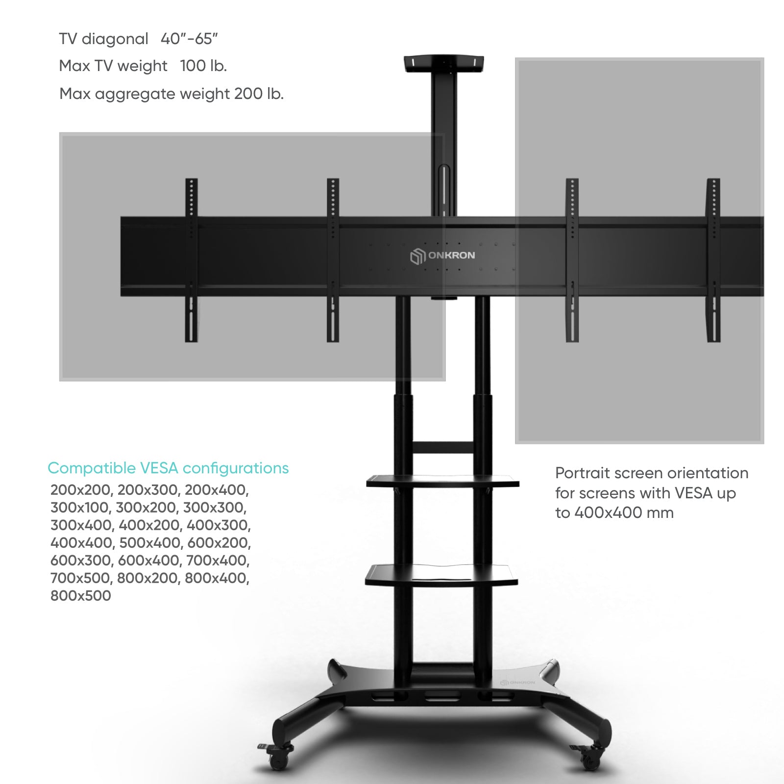 Dual Mobile TV Stand for Two 40''– 65'' Screens up to 100 lb. each ONKRON TS1881DV, Black