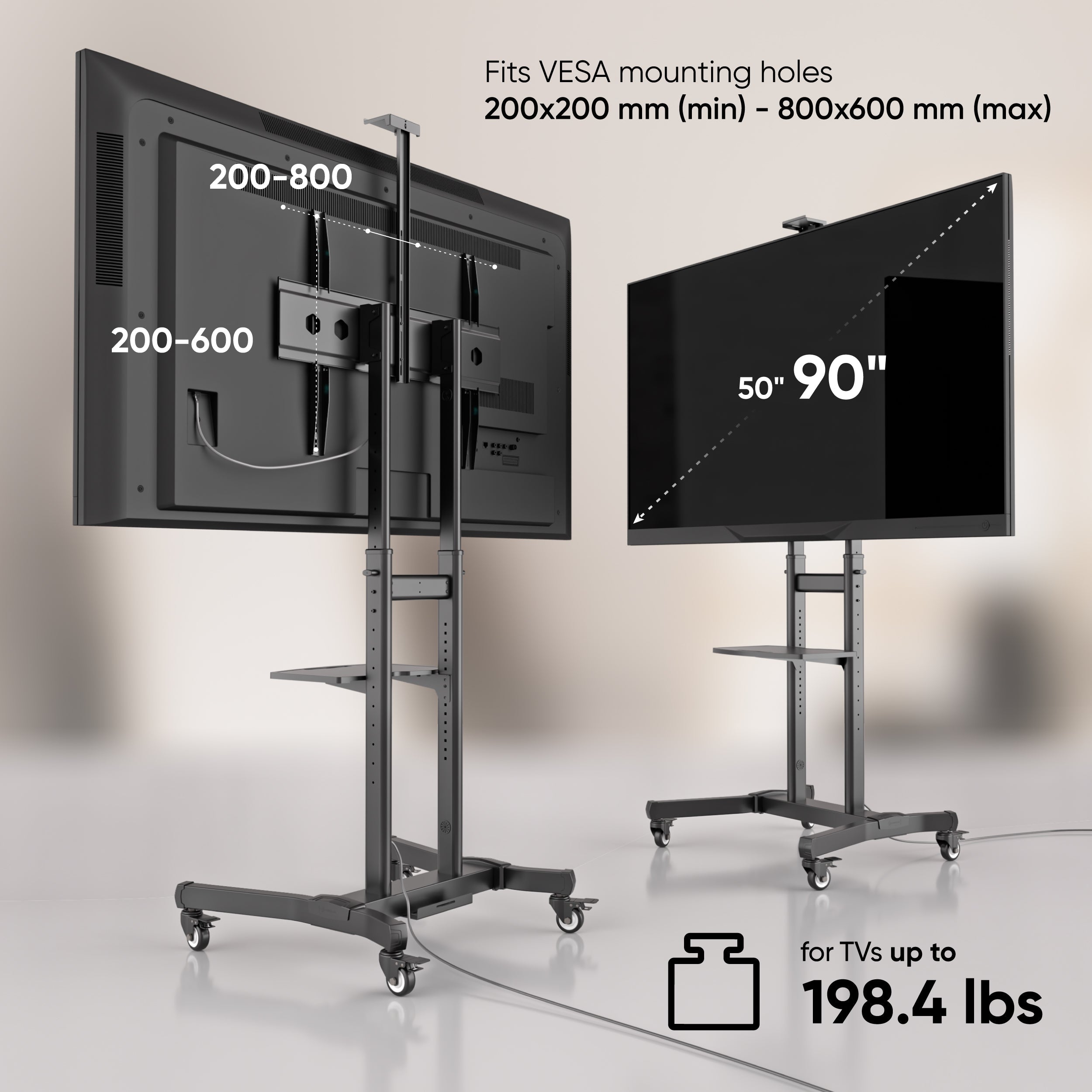 Mobile TV Stand Rolling TV Cart for 50"-90" Screens up to 198 lb ONKRON TS1891, Black