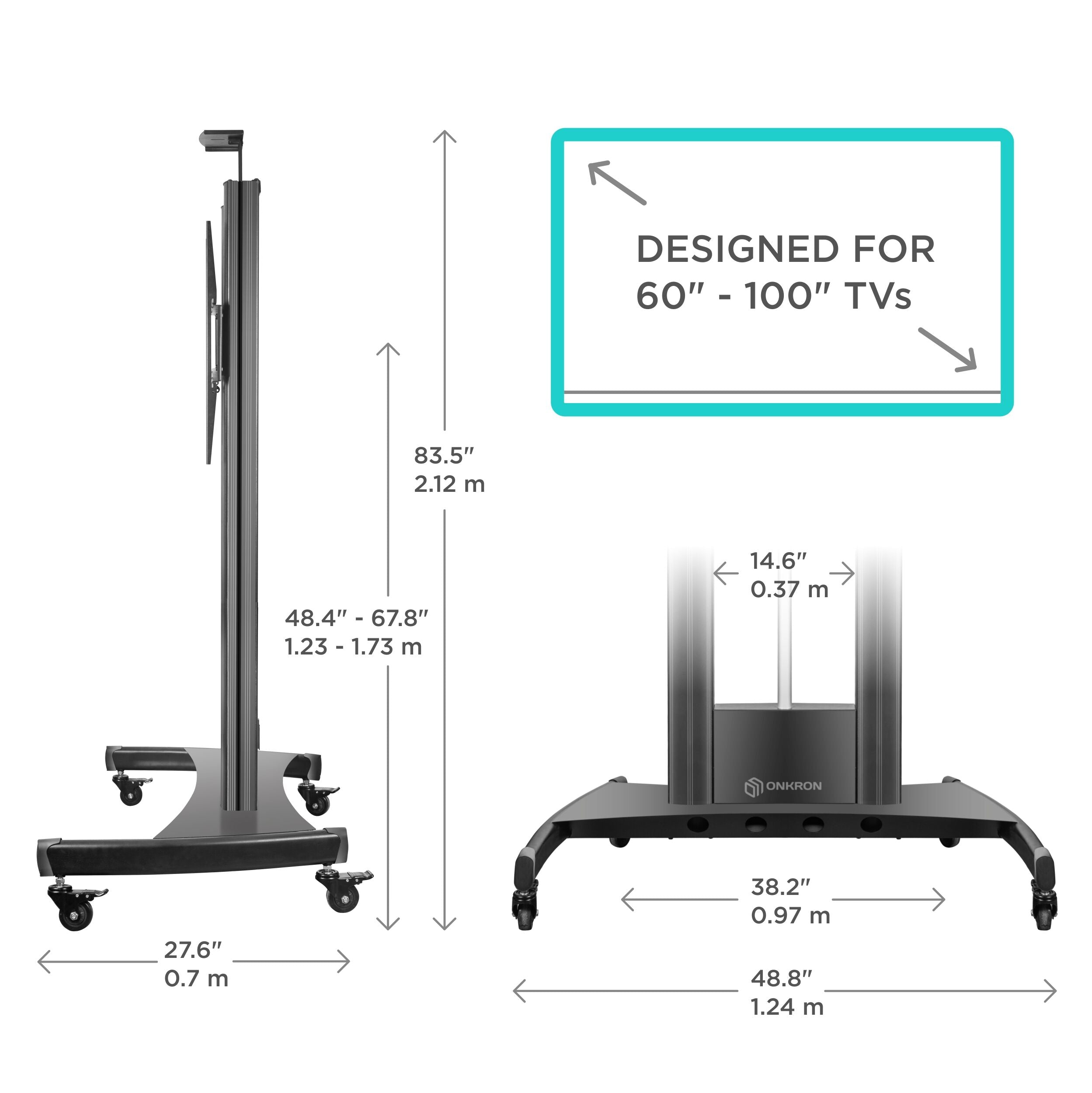 Motorized TV Lift w/ Remote Mobile TV Stand for 60-100" up to 300 lbs TVs ONKRON TS2210, Black
