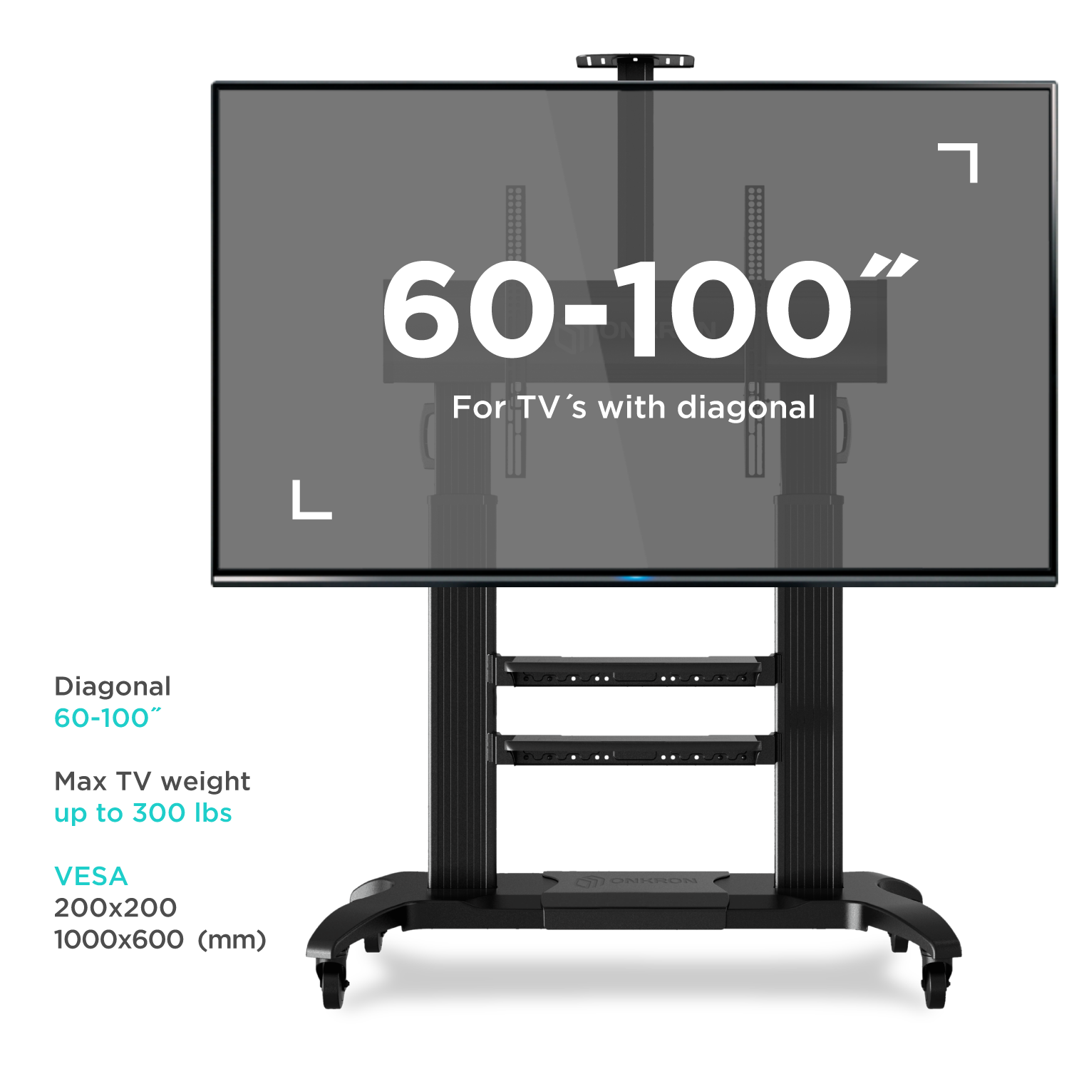 Mobile TV Stand Rolling TV Cart for 60 to 100-Inch Screens up to 300 lbs Black ONKRON TS2811