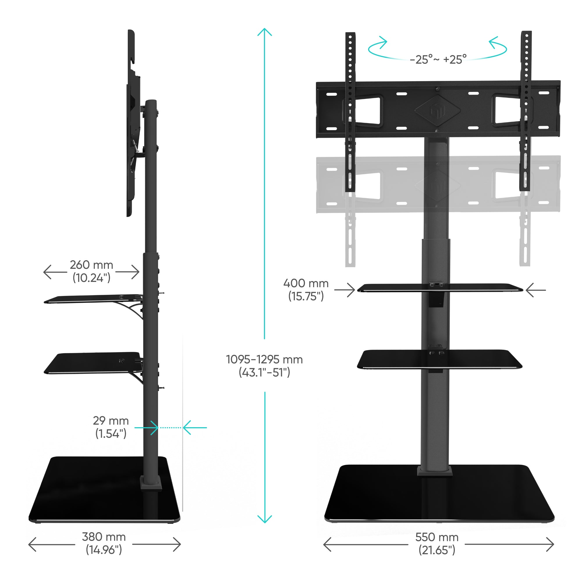 Universal Floor TV Stand Glass Base and Shelves for 32-65" TVs up to 66 lbs ONKRON TS5550, Black